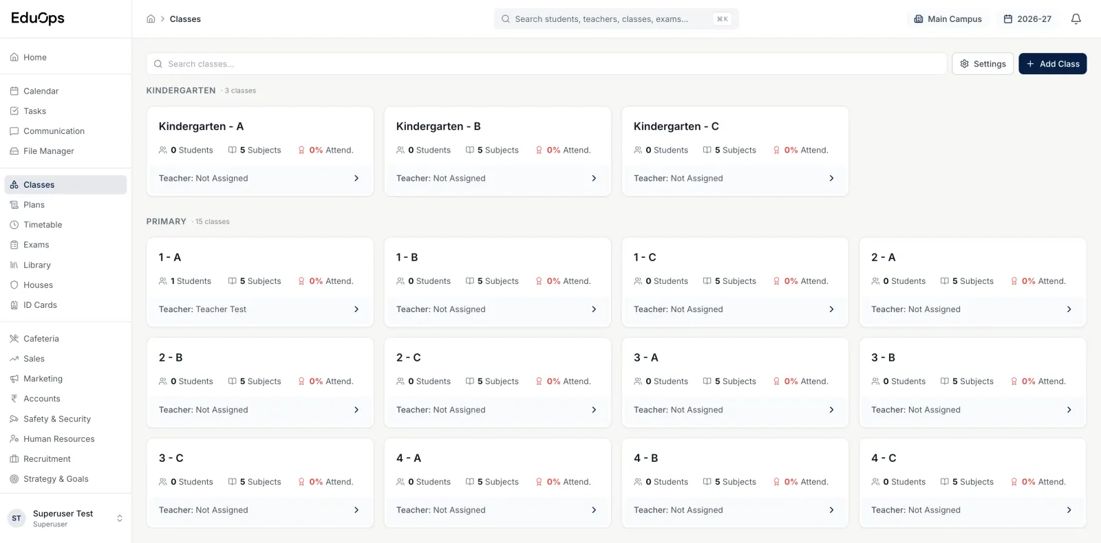EduOps web app showing a school's classes by section, with students, subjects, attendance and class teacher for each