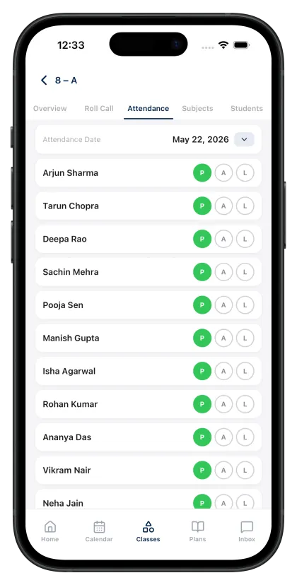 EduOps mobile app attendance screen where a teacher marks each student present, absent or late
